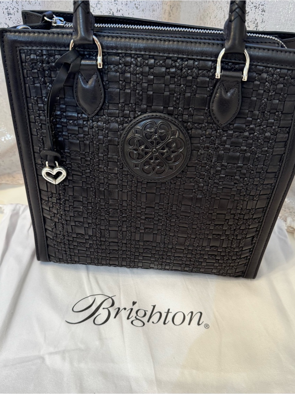 Brighton Black Woven Leather Tote with Heart Charm
